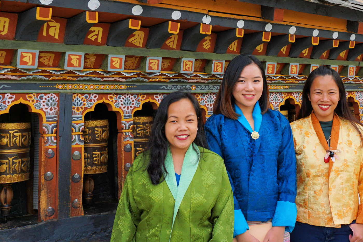 Donning the traditional Bhutanese costume in Thimpu.