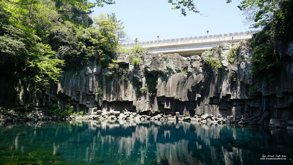 The blue pond at Cheonjeyeon Waterfall.